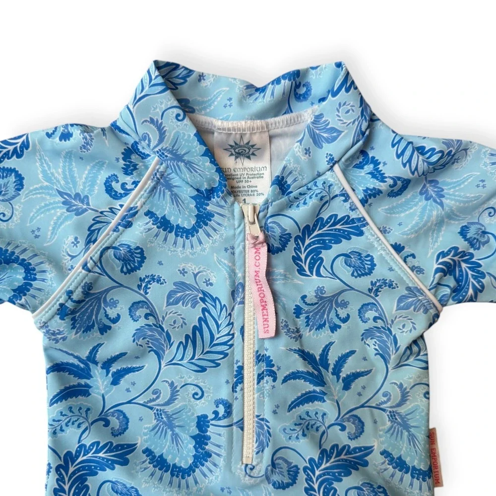 Sun Emporium Toddler Girls Swimsuit Blue Floral Ruffle Size 1 (12 months)